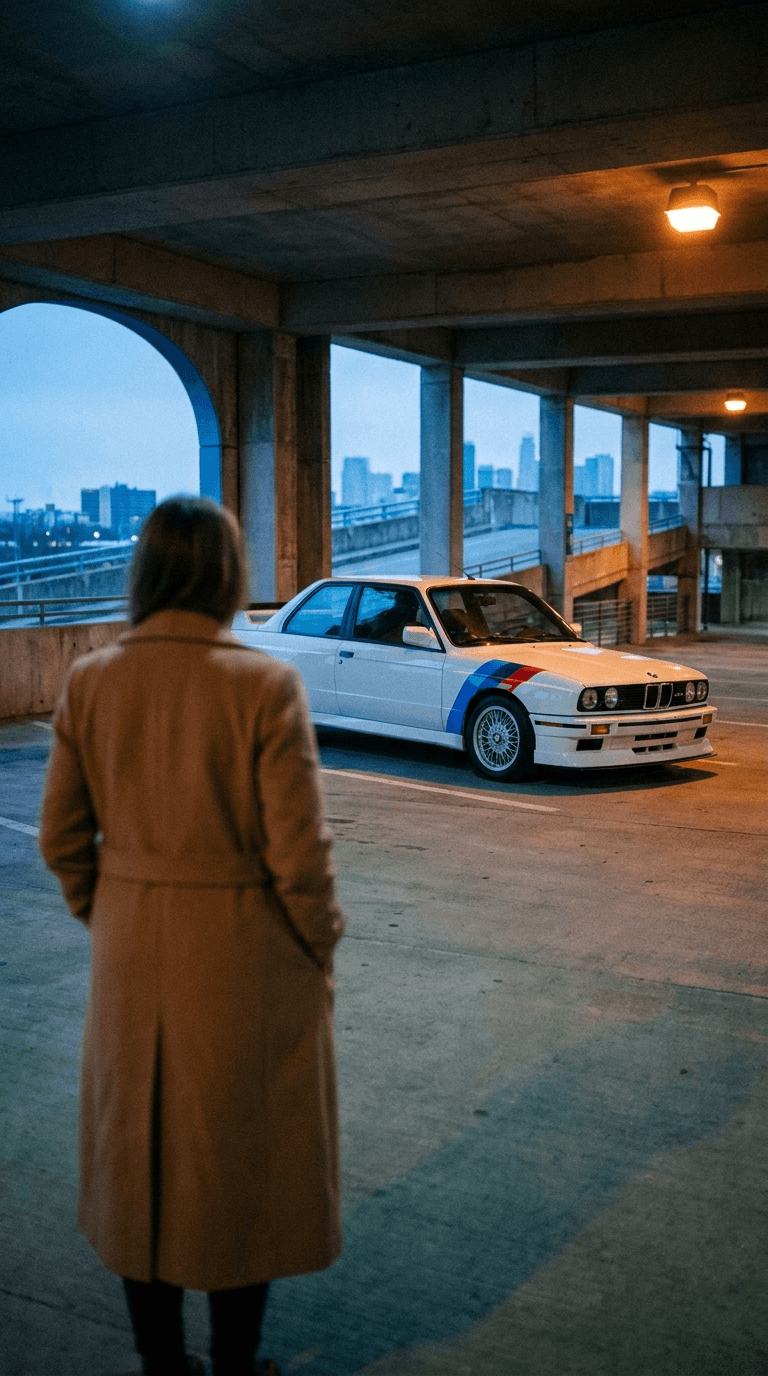 A woman in a long camel coat alone in a UK multistorey car park at dusk looking at a parked white BMW E30 M3 across the bays
