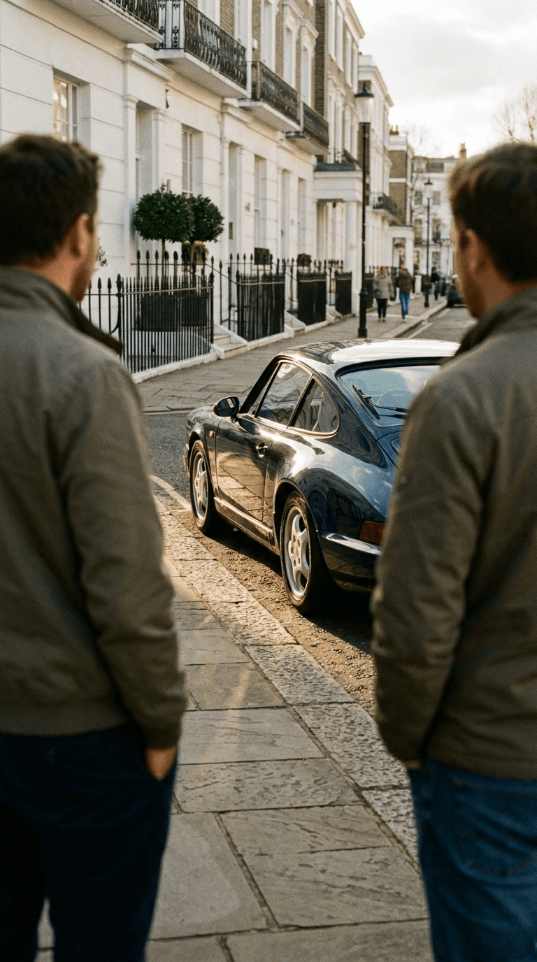 Two friends from behind on a Notting Hill street at golden hour considering a parked Midnight Blue Porsche 964 Carrera 2
